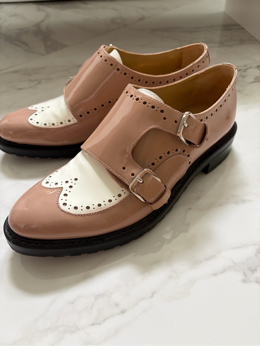 The Office of ANGELA SCOTT. Two-Tone Double Monk Strap Shoe in Blush and White
